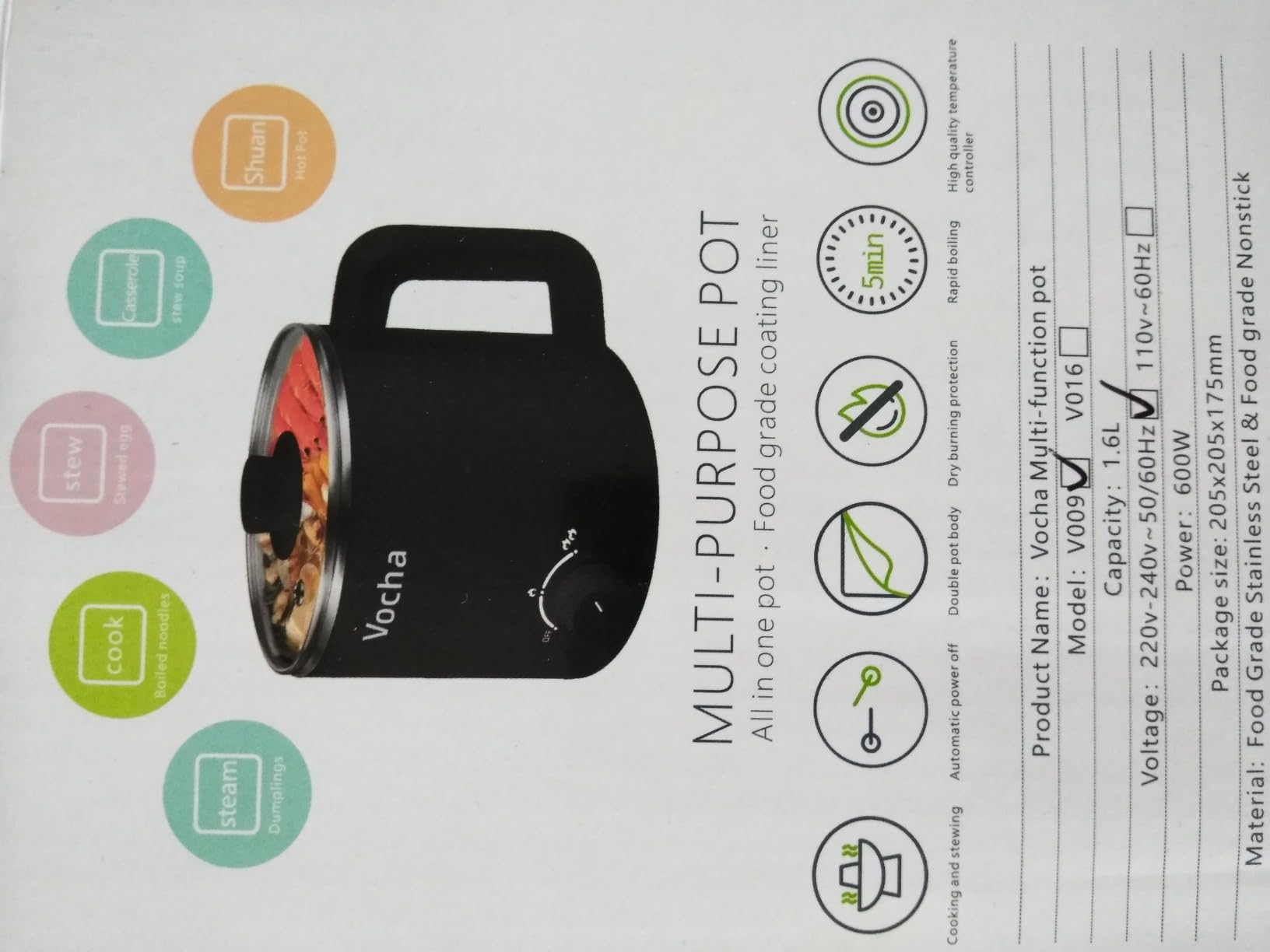 Vocha Electric Pot 1,6L Elektrokochtopf Schwarz Edelstahl