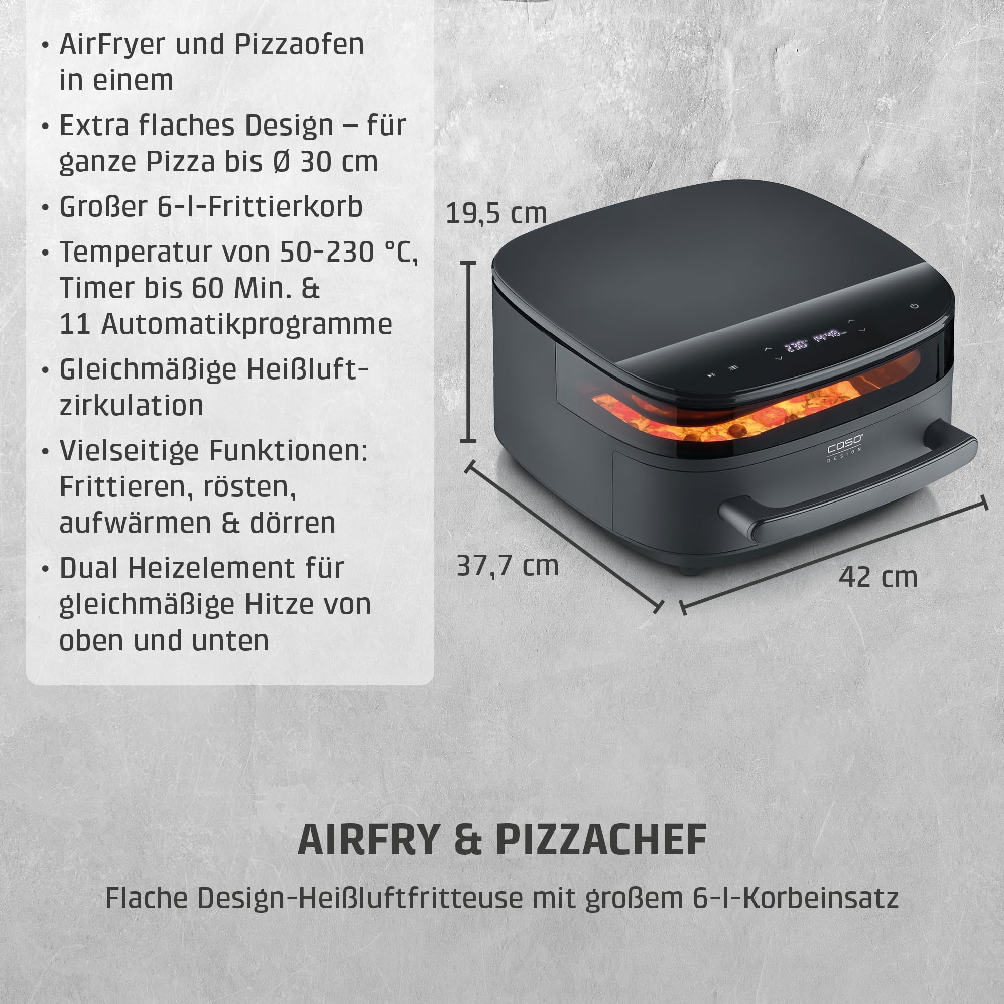 CASO AirFry PizzaChef Heißluftfritteuse 6 L Pizza 30cm