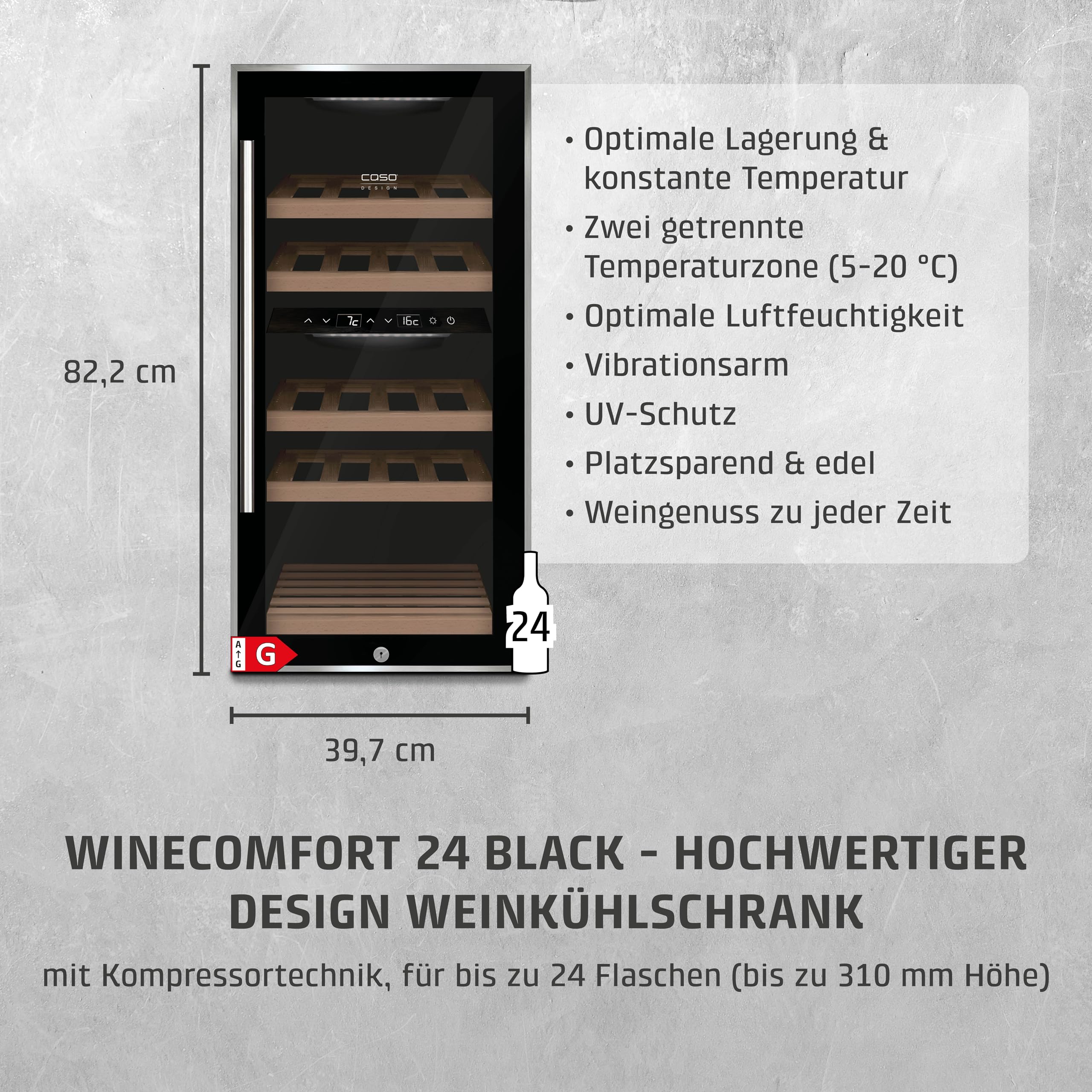 CASO WineComfort 24 black Weinkühlschrank 24 Flaschen 2 Zonen