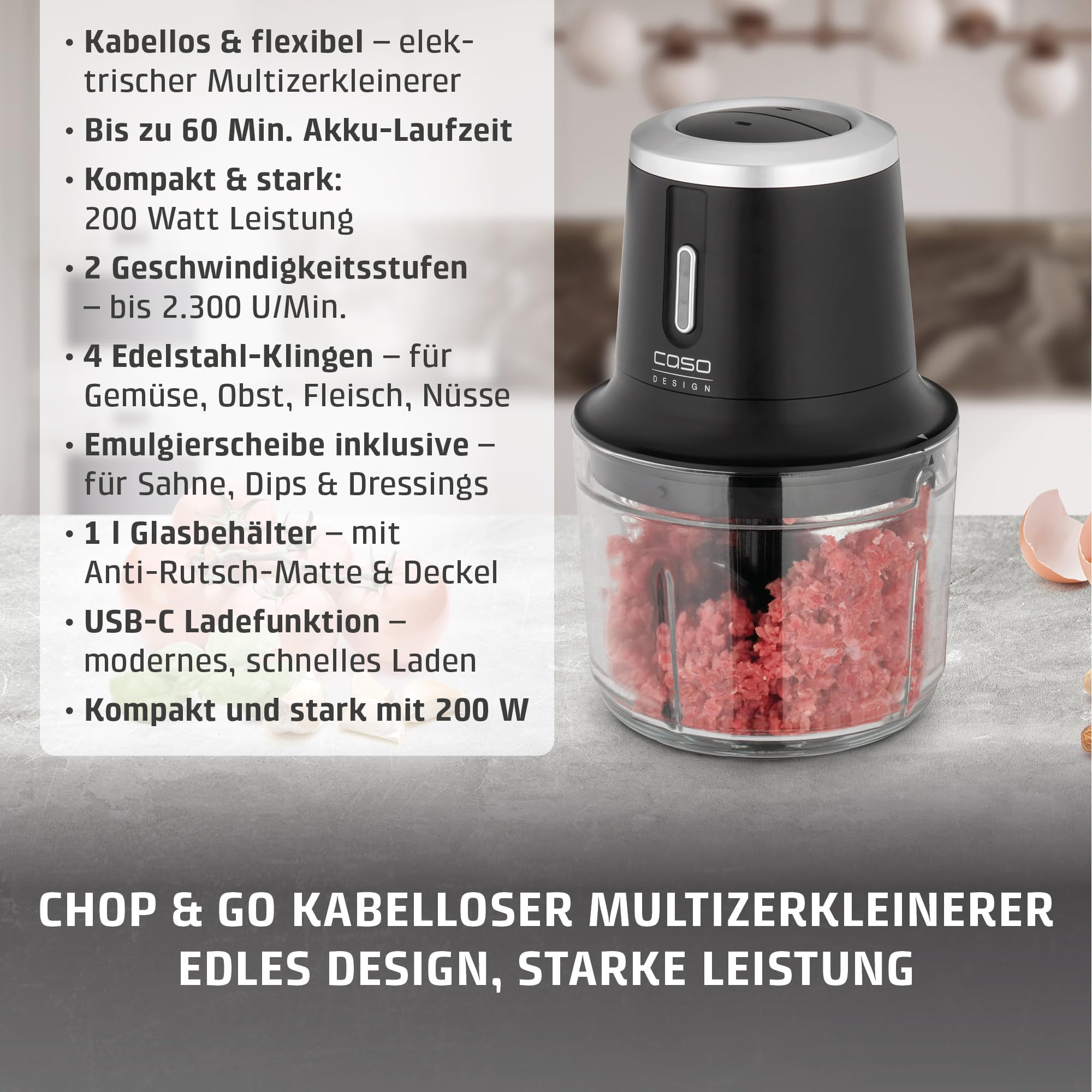 CASO Chop & Go Zerkleinerer Akku 1L 2300 U/min