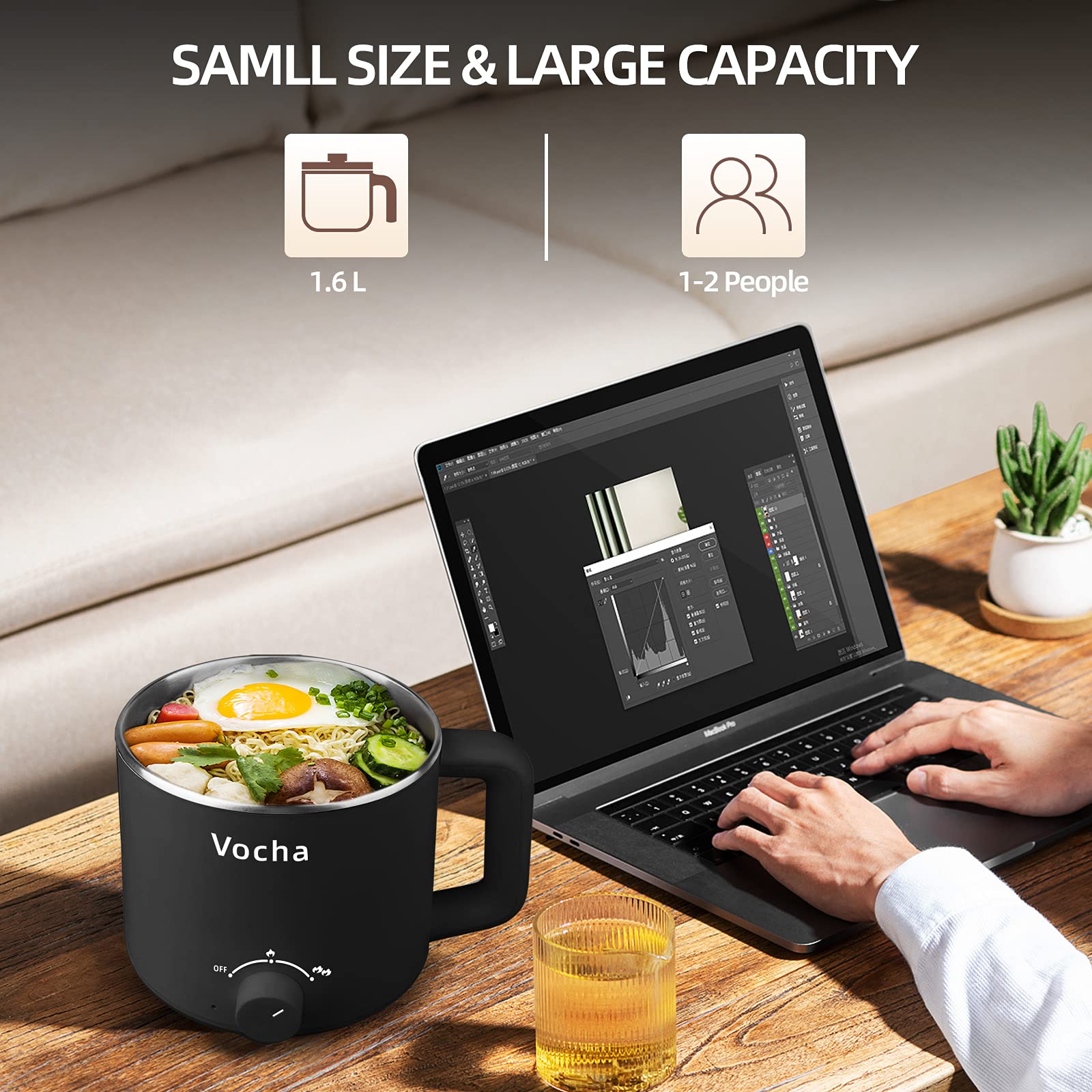 Vocha Electric Pot 1,6L Elektrokochtopf Schwarz Edelstahl