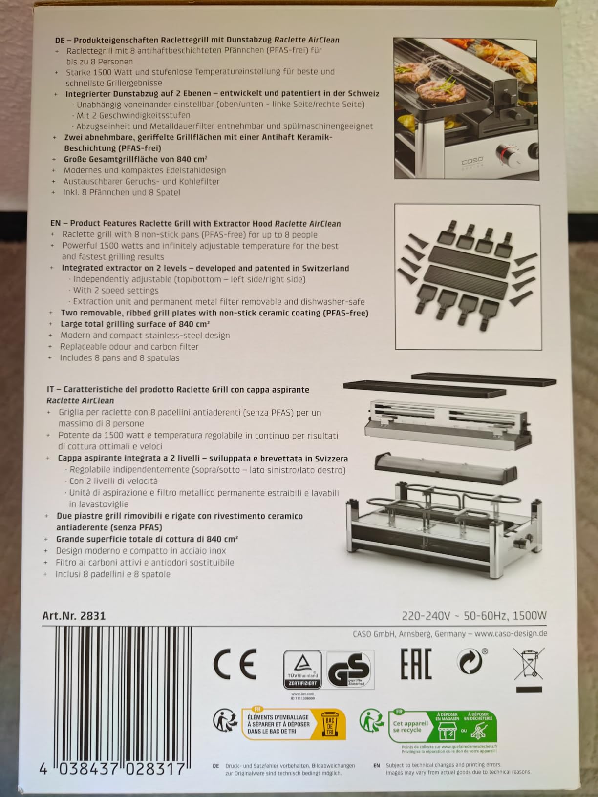 Caso Raclette AirClean Raclettegrill 8 Personen 1500 W Edelstahl