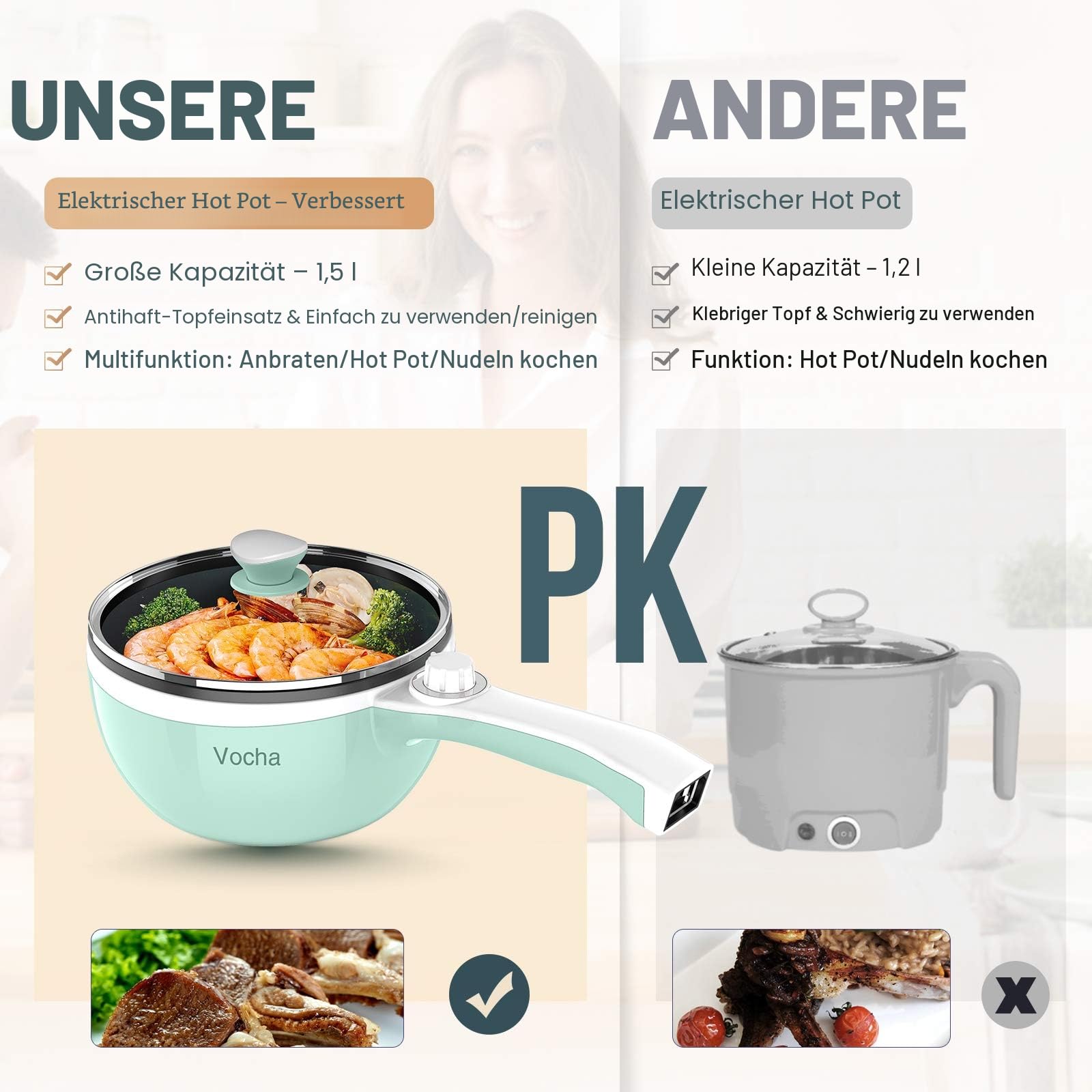 Vocha Electric Pot Elektrotopf 1,5 L Grün Antihaft 600W