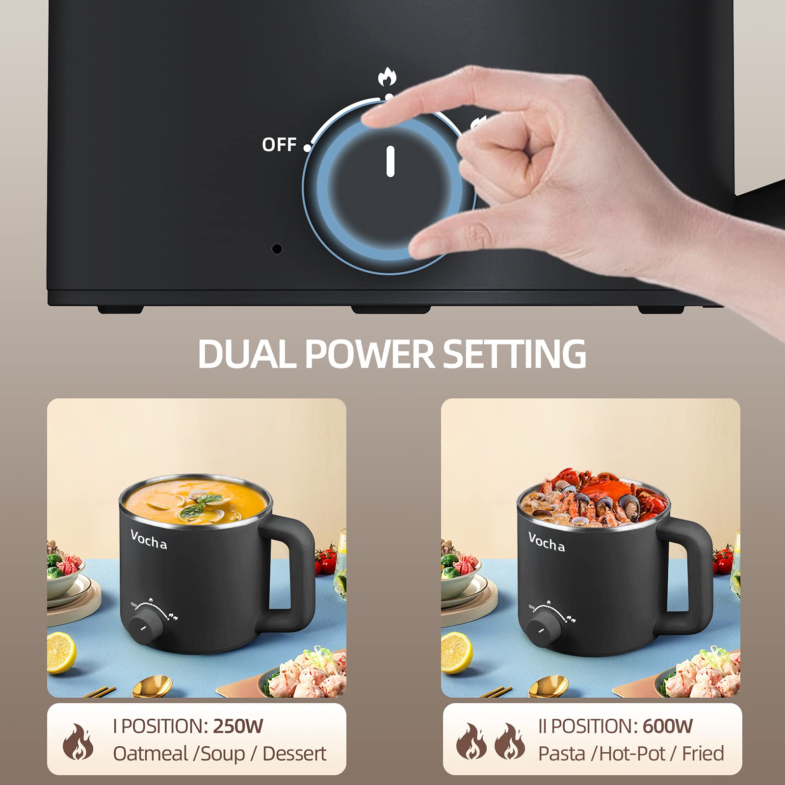 Vocha Electric Pot 1,6L Elektrokochtopf Schwarz Edelstahl