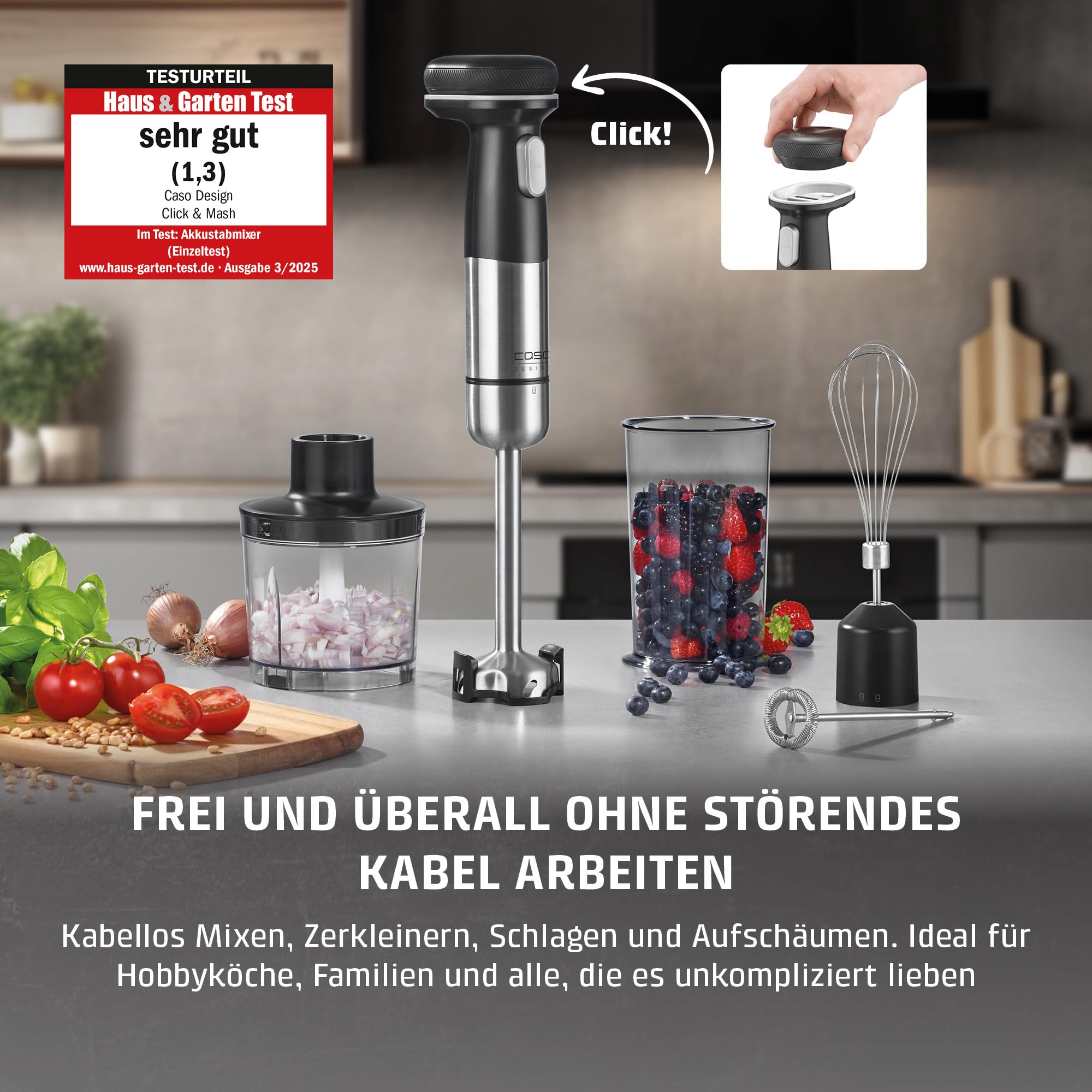 Caso Click & Mash Stabmixer kabellos 4in1 Akku Set