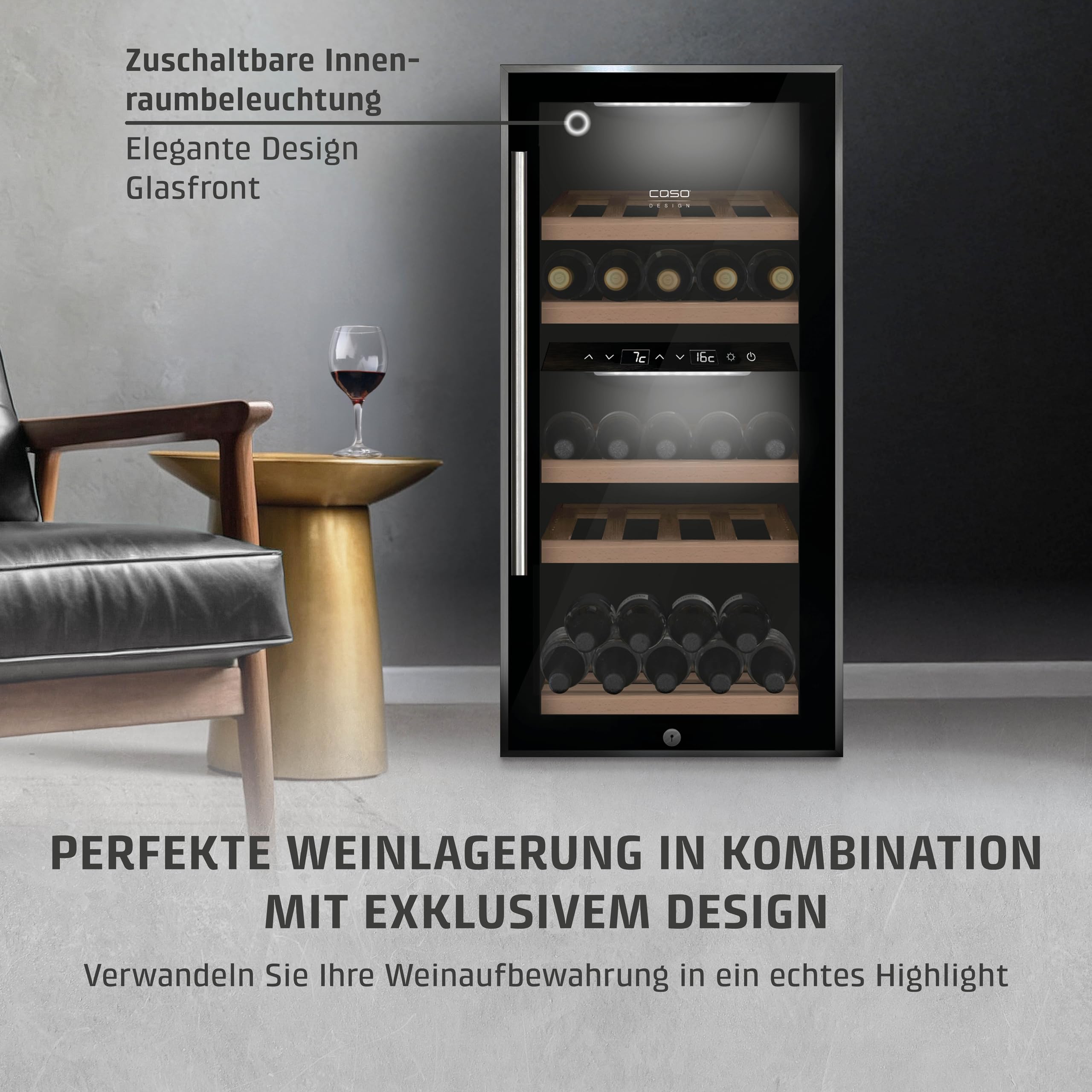 CASO WineComfort 24 black Weinkühlschrank 24 Flaschen 2 Zonen