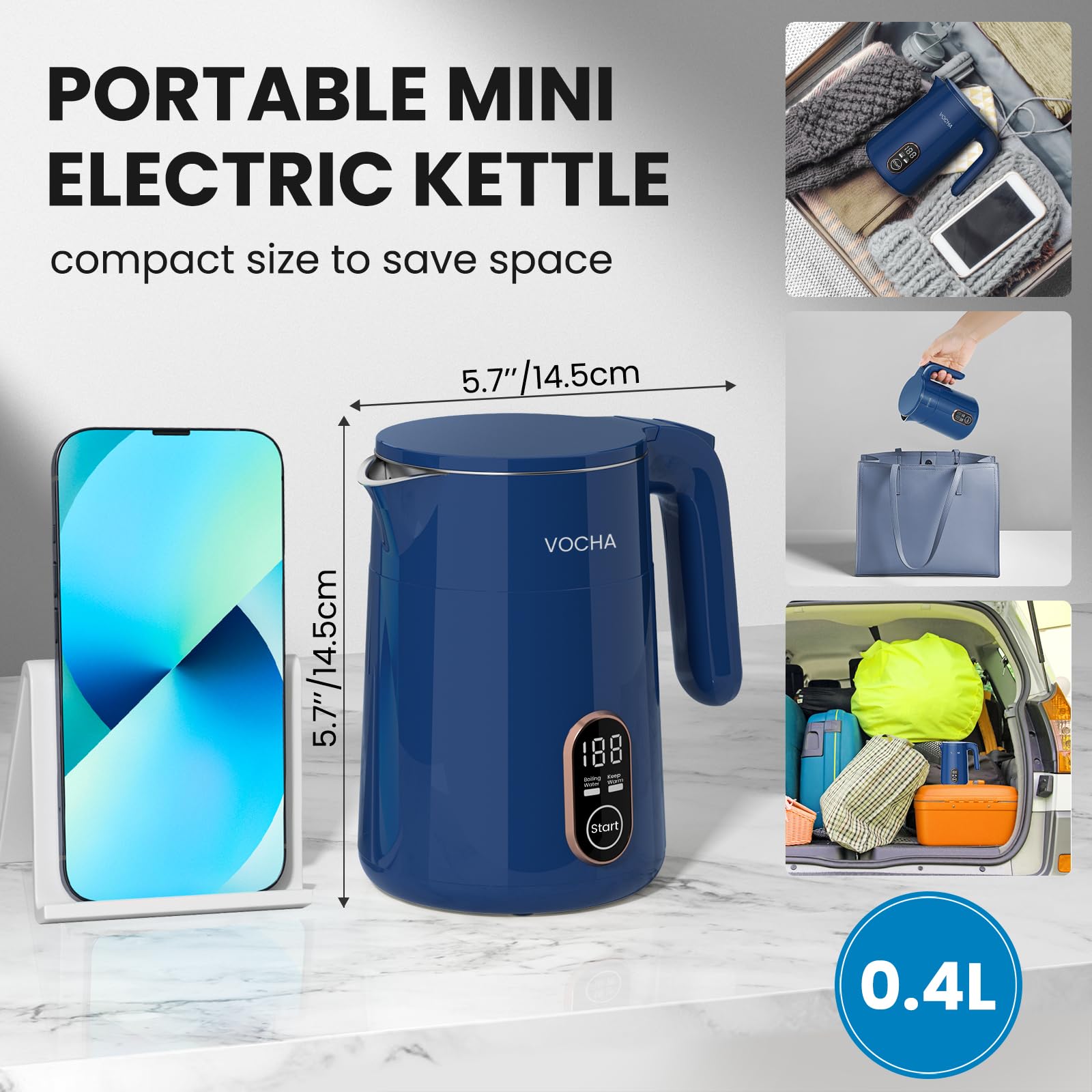 Vocha Electric Kettle Mini Wasserkocher 0,4L Blau 450W