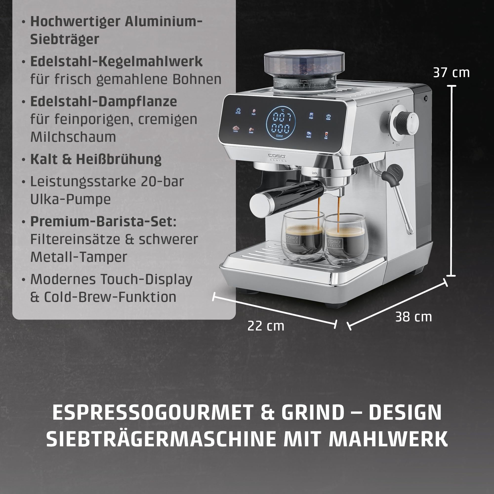 Caso EspressoGourmet & Grind Siebträgermaschine 20 Bar 1,8 L