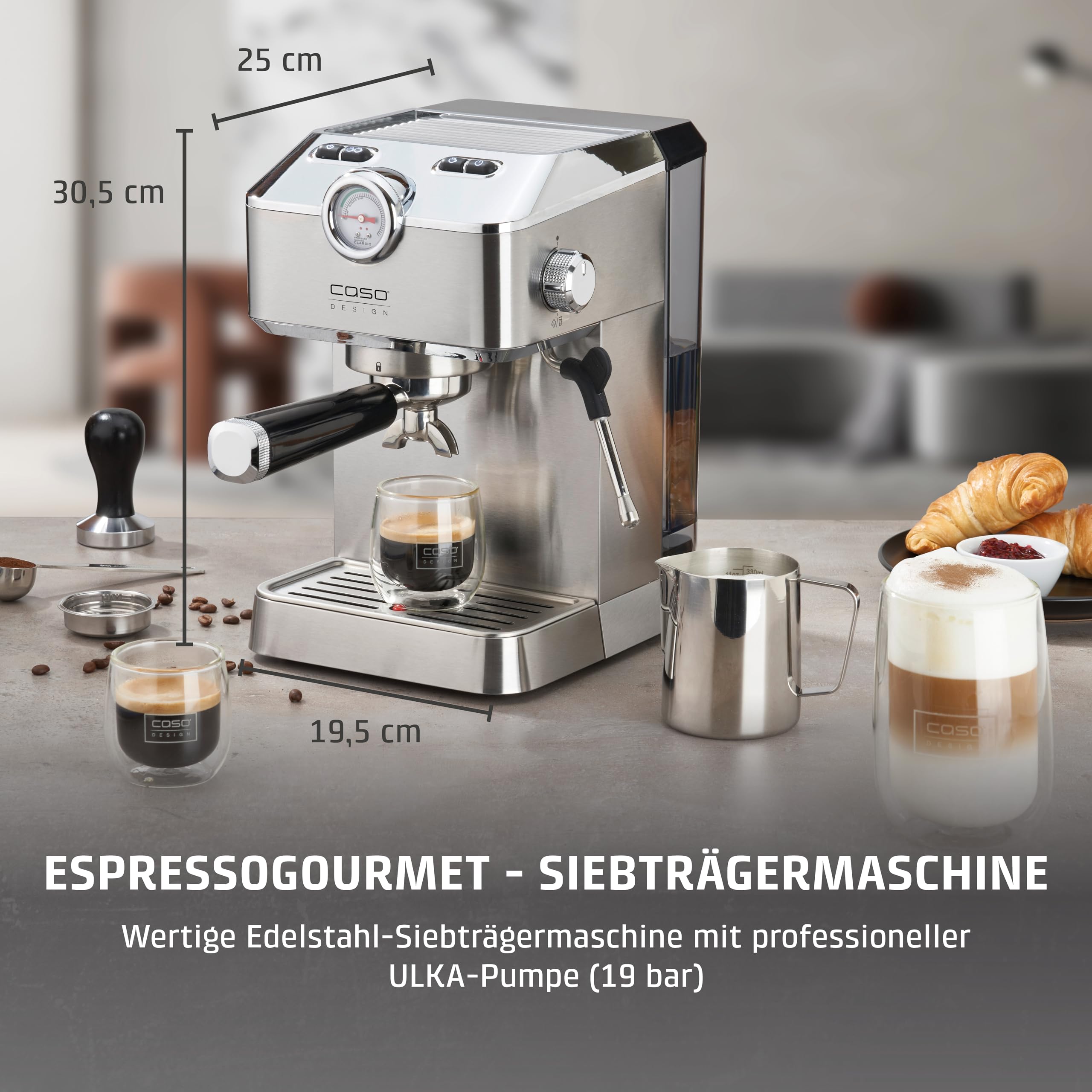 CASO Espresso Gourmet Siebträgermaschine Edelstahl 19 bar