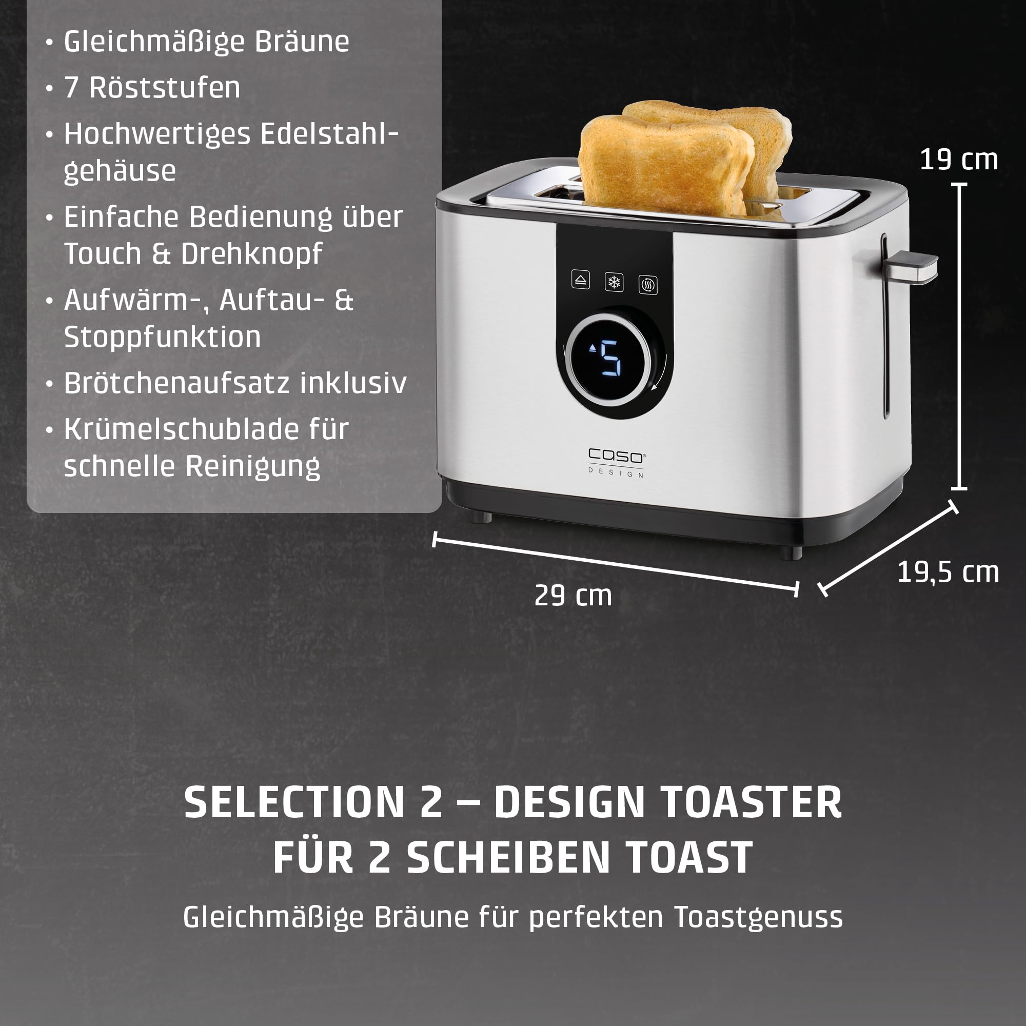 Caso Selection T2 Toaster Edelstahl 2 Scheiben 7 Stufen