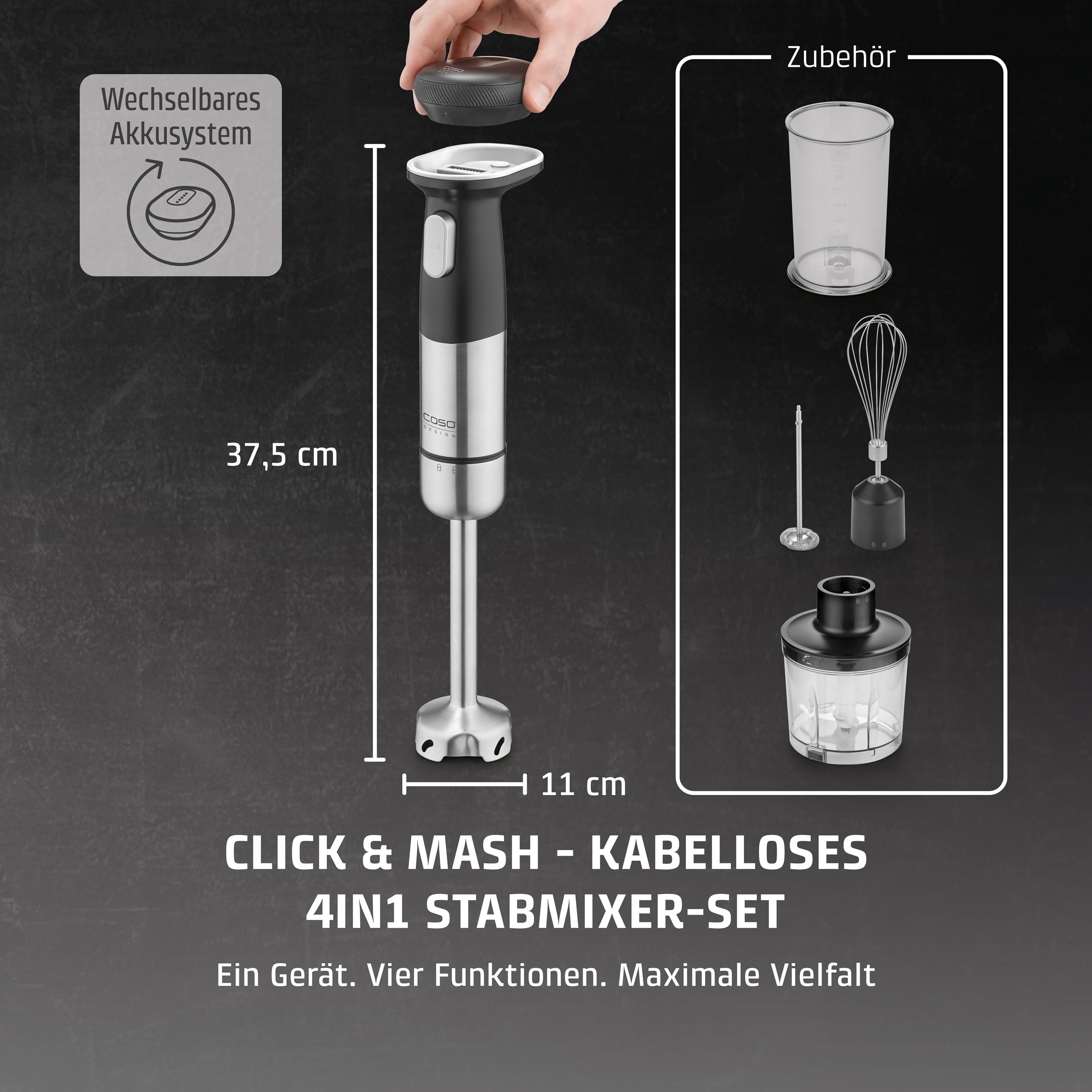 Caso Click & Mash Stabmixer kabellos 4in1 Akku Set