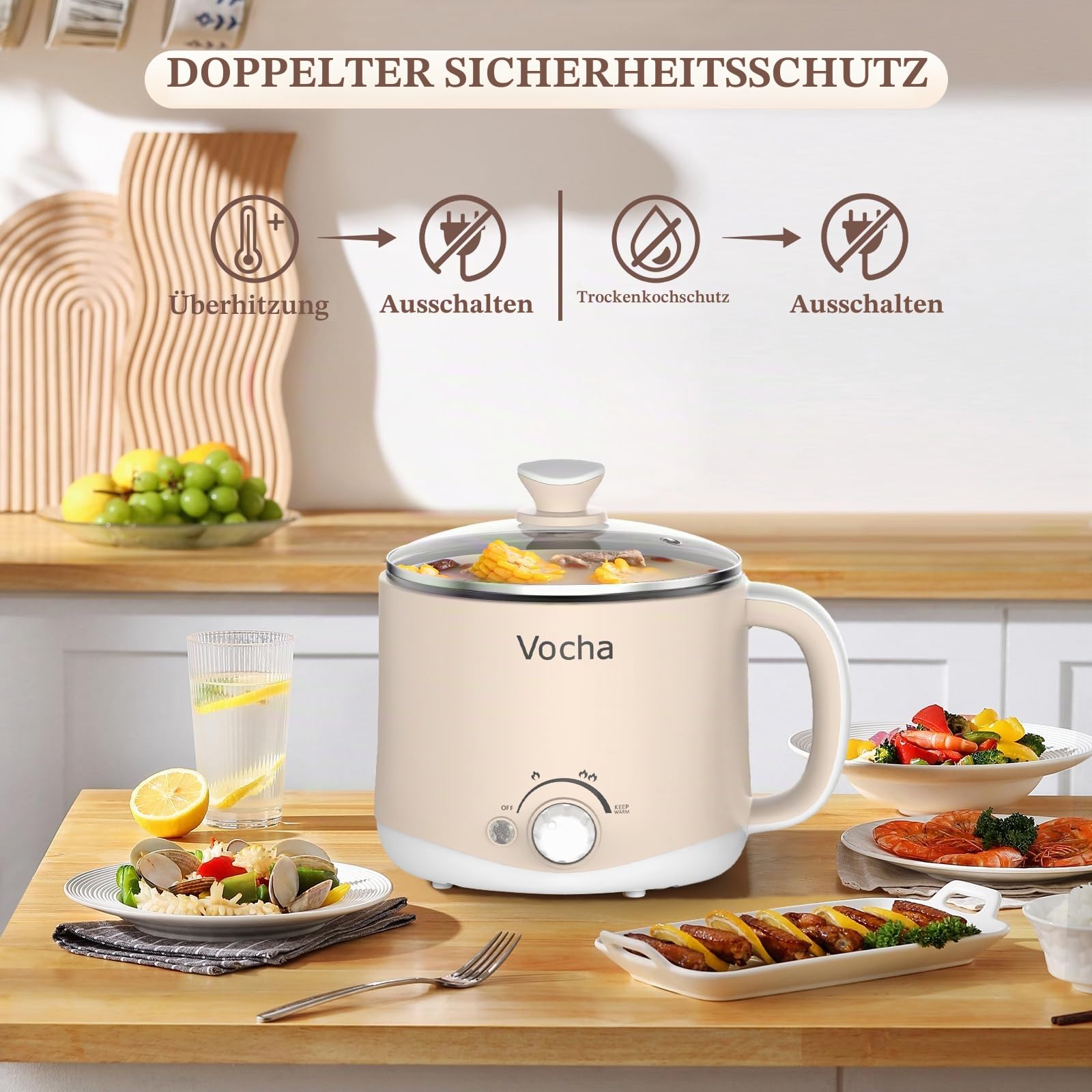 Vocha Electric Pot Hot Pot 1,6 Liter Beige 600 Watt