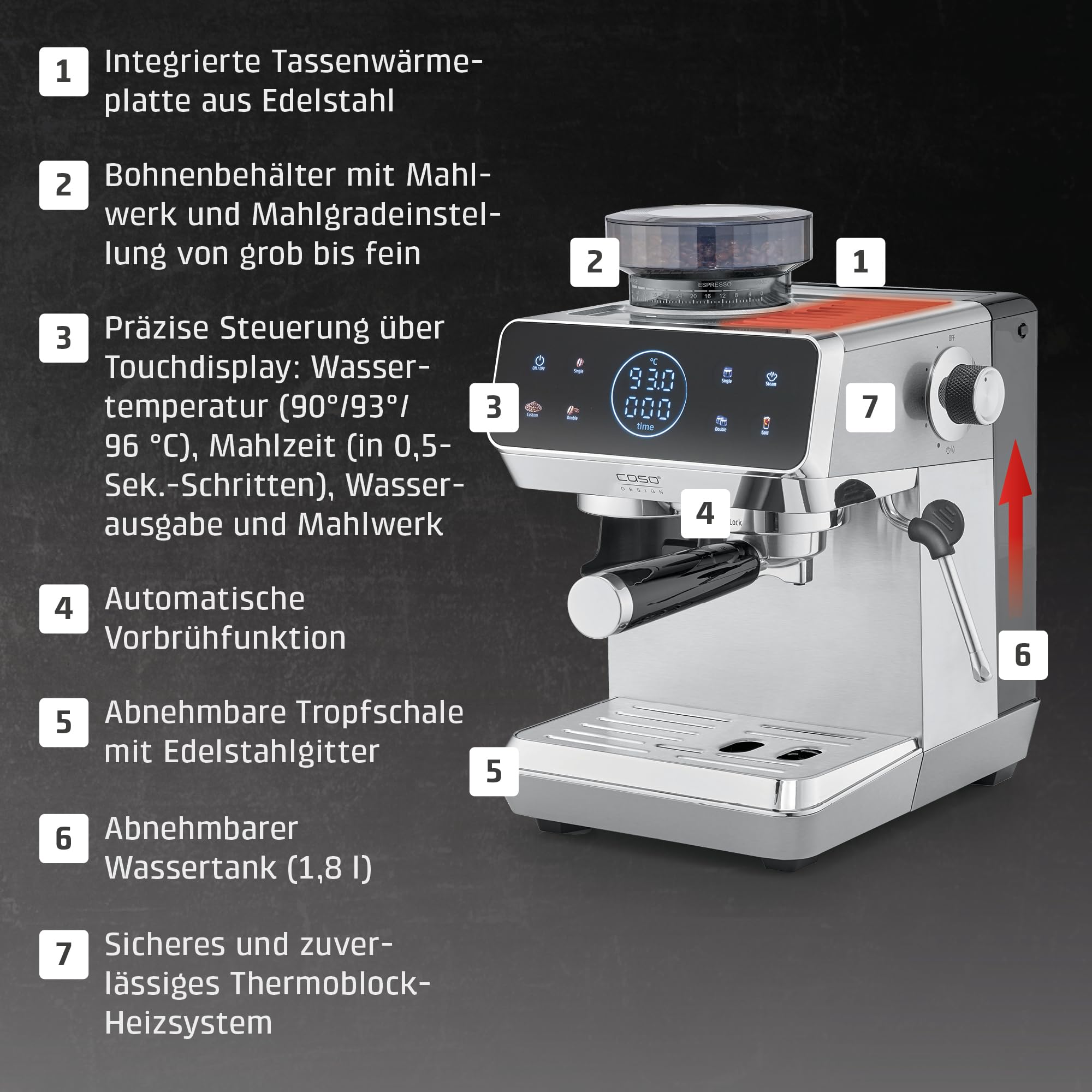 Caso EspressoGourmet & Grind Siebträgermaschine 20 Bar 1,8 L