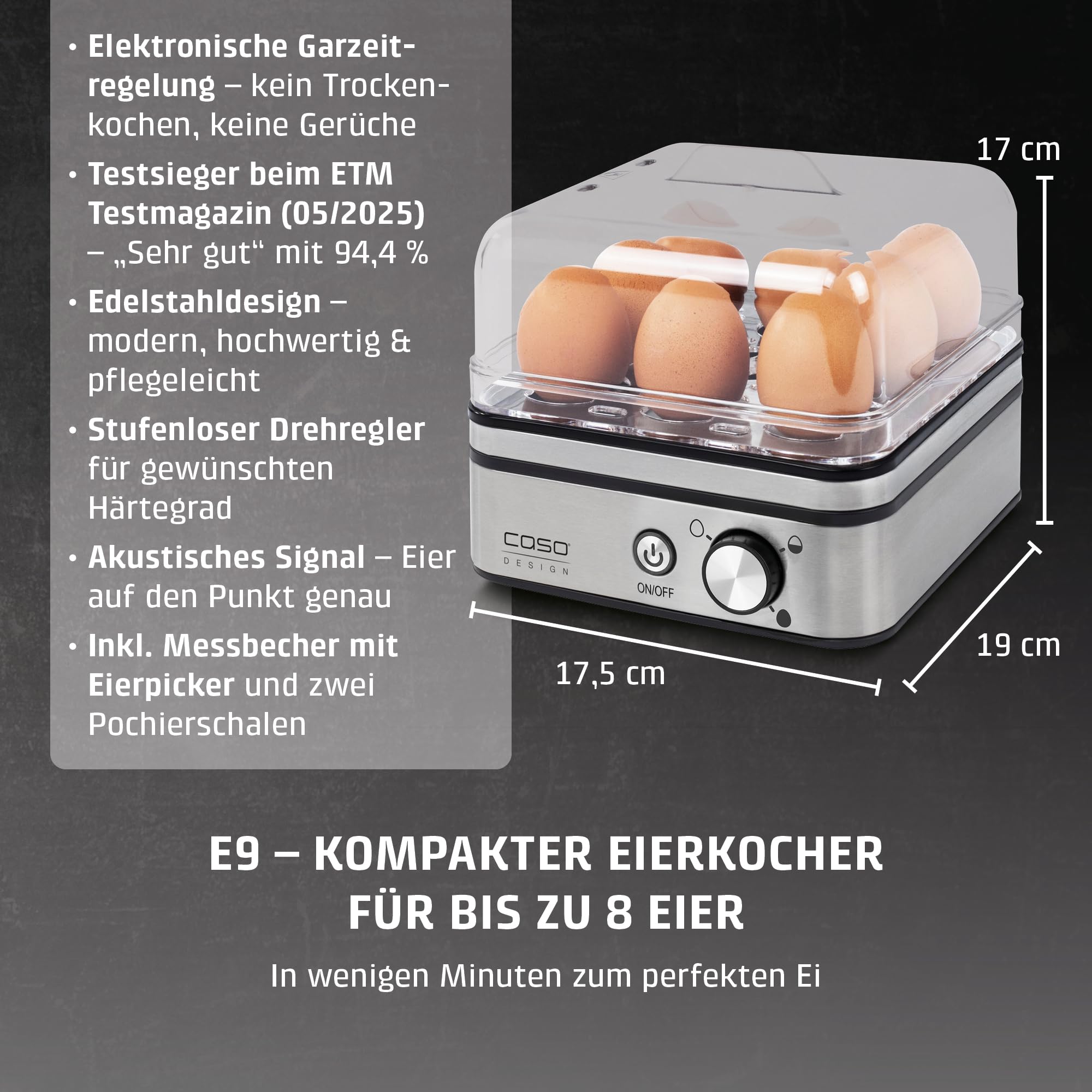 Caso E 9 Eierkocher Edelstahl für 8 Eier mit Signal