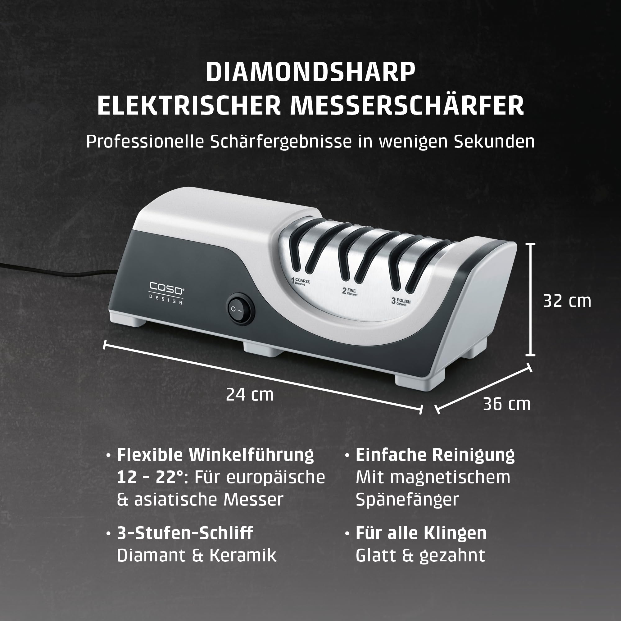 CASO DiamondSharp Messerschärfer elektrisch Diamant 3-Stufen