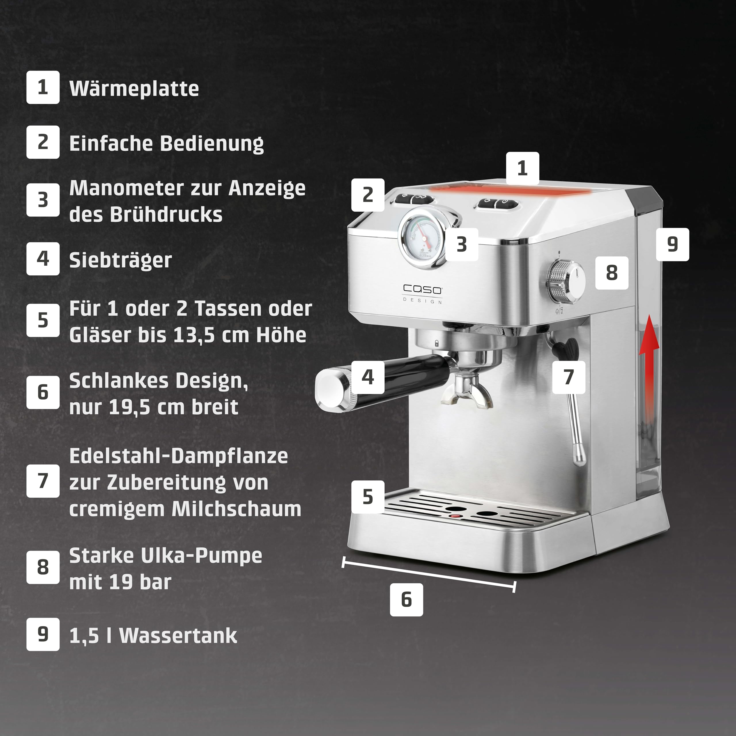 CASO Espresso Gourmet Siebträgermaschine Edelstahl 19 bar