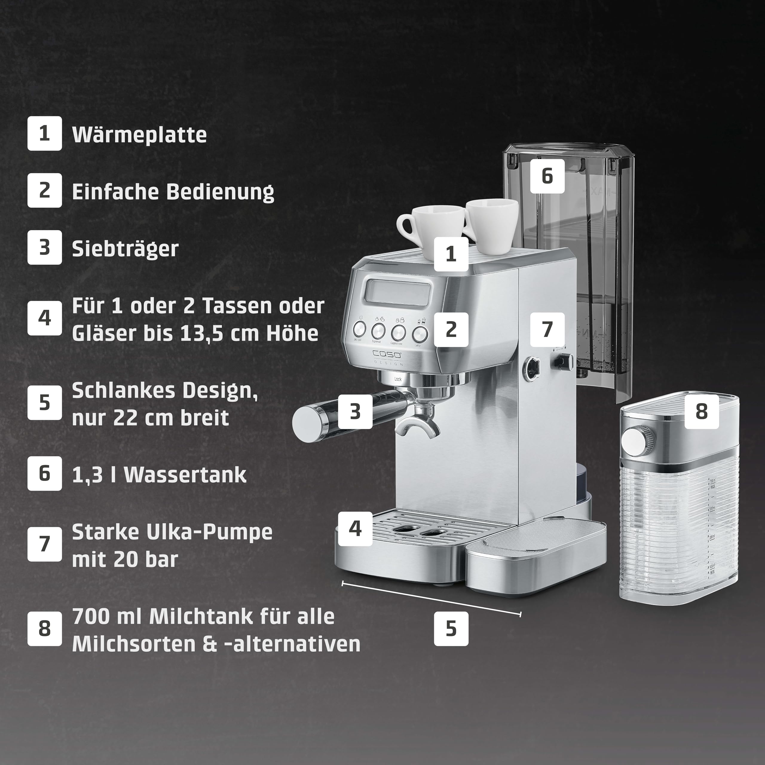 Caso Espresso Gourmet Latte Siebträgermaschine Silber Modern
