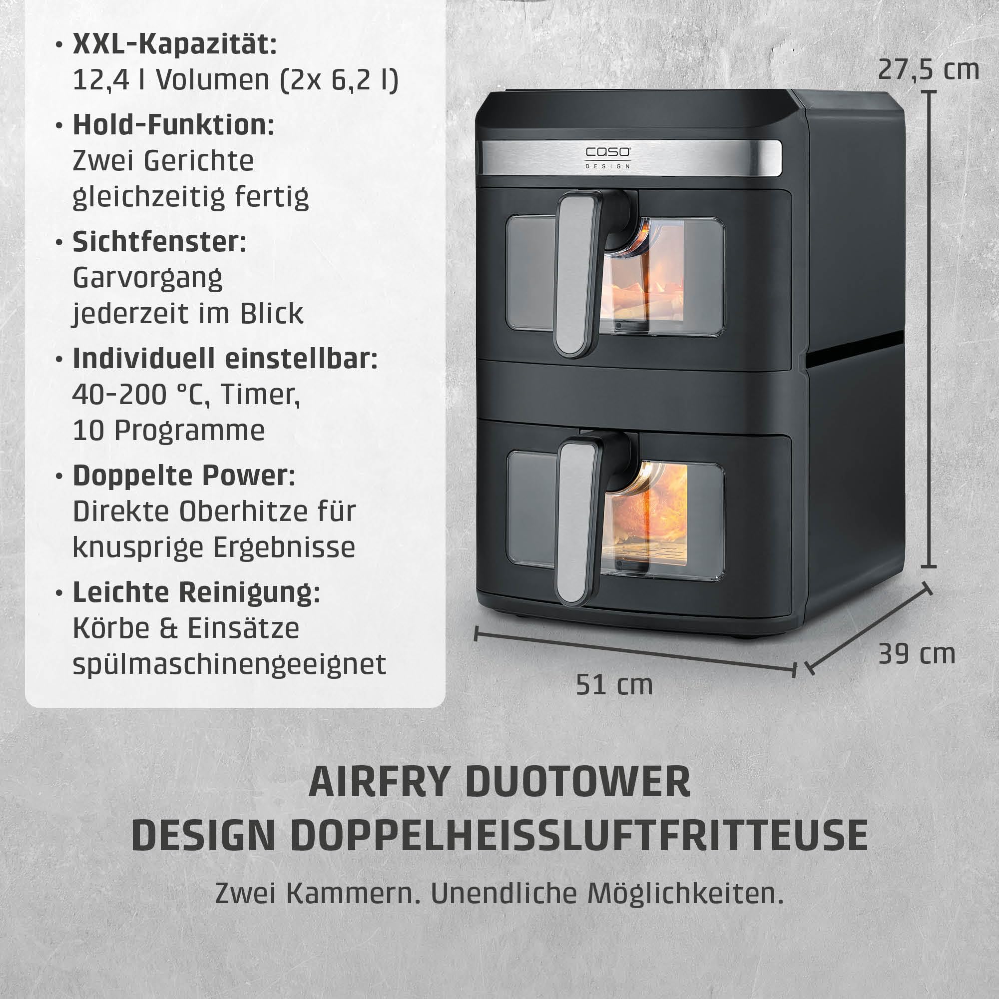 CASO AirFry Duo Tower Heißluftfritteuse 12,4 L Doppel Keramik