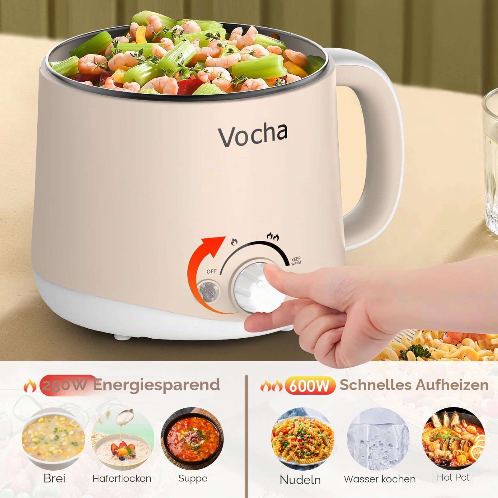 Vocha Electric Pot Hot Pot 1,6 Liter Beige 600 Watt
