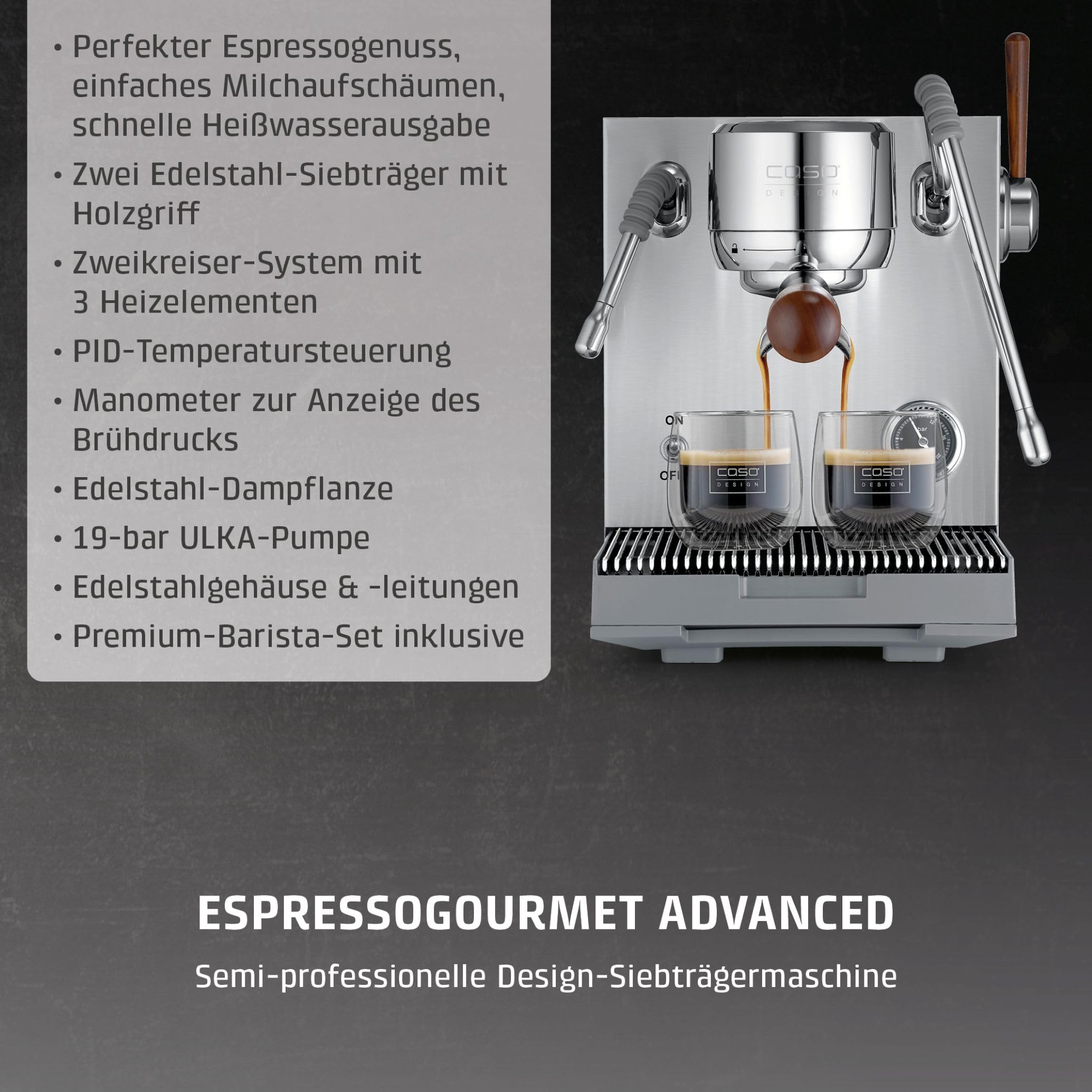 Caso EspressoGourmet Advanced Siebträgermaschine 19 bar 2 L