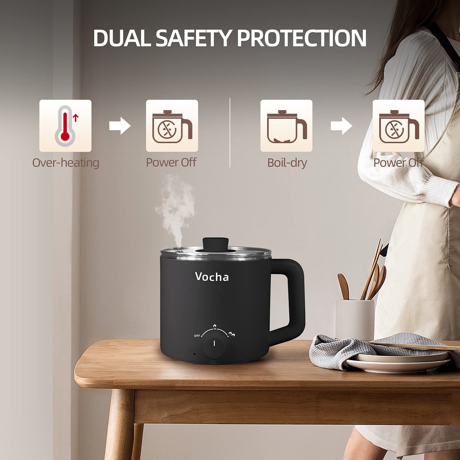 Vocha Electric Pot 1,6L Elektrokochtopf Schwarz Edelstahl
