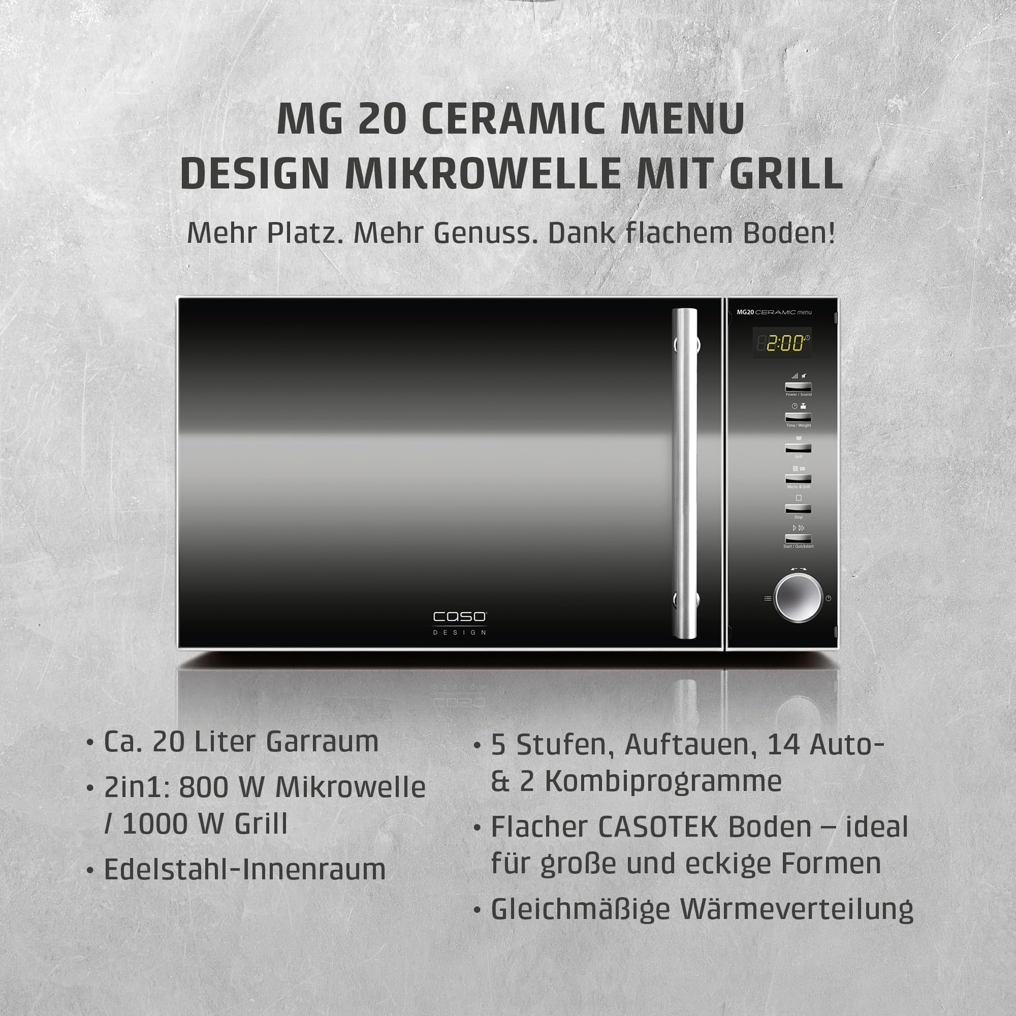 CASO MG20 Ceramic menu Mikrowelle mit Grill 20L Keramikboden