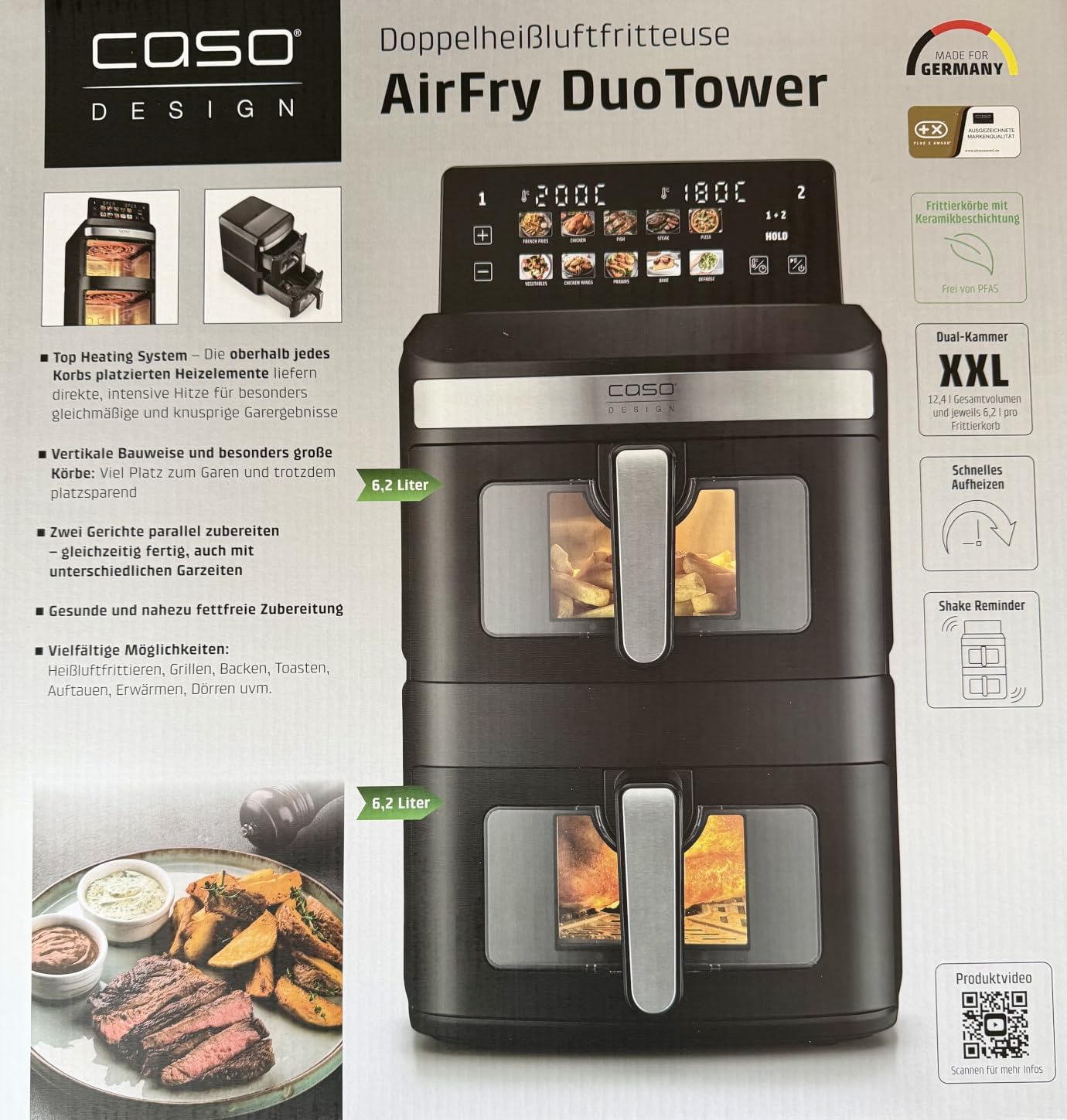 CASO AirFry Duo Tower Heißluftfritteuse 12,4 L Doppel Keramik