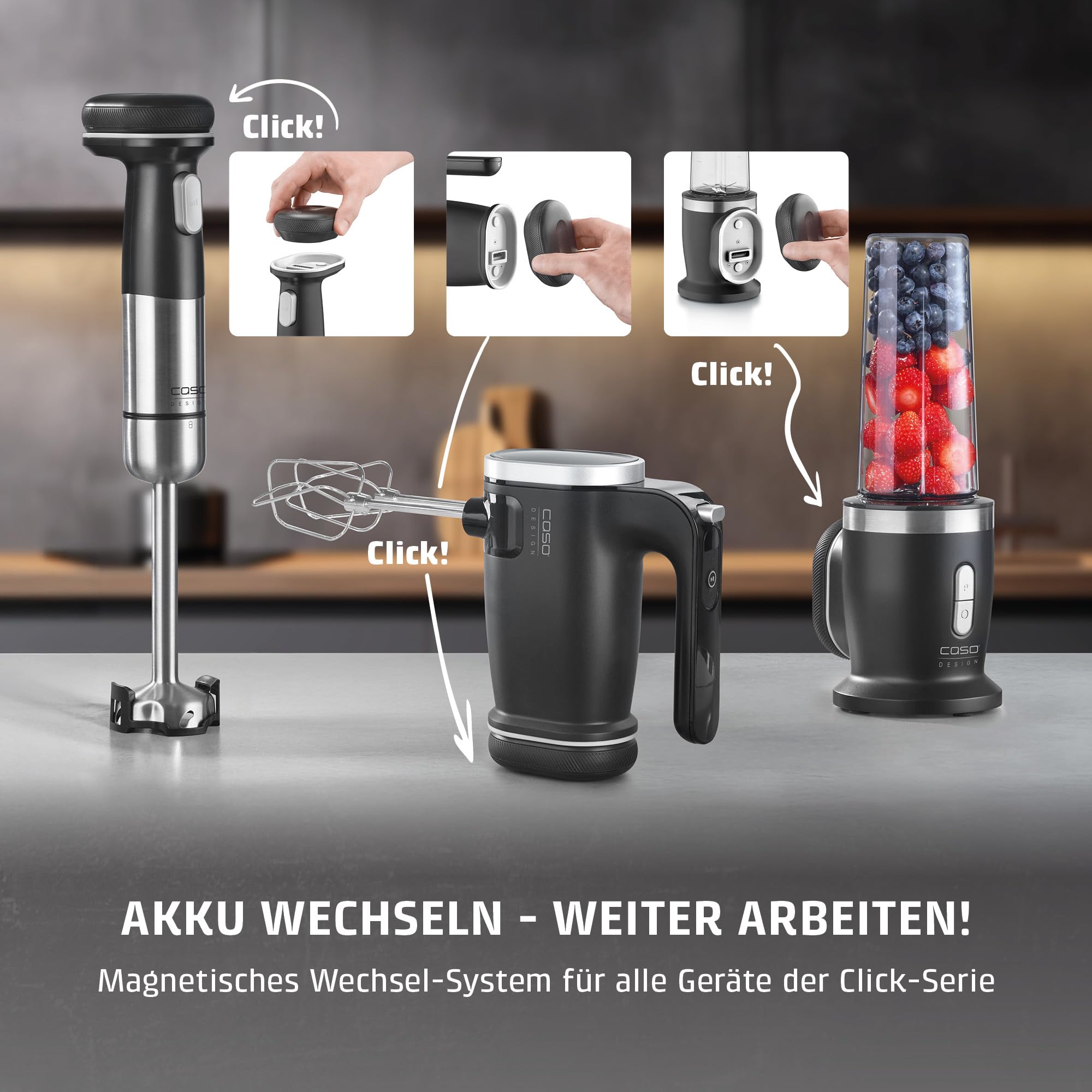 Caso Click & Mash Stabmixer kabellos 4in1 Akku Set