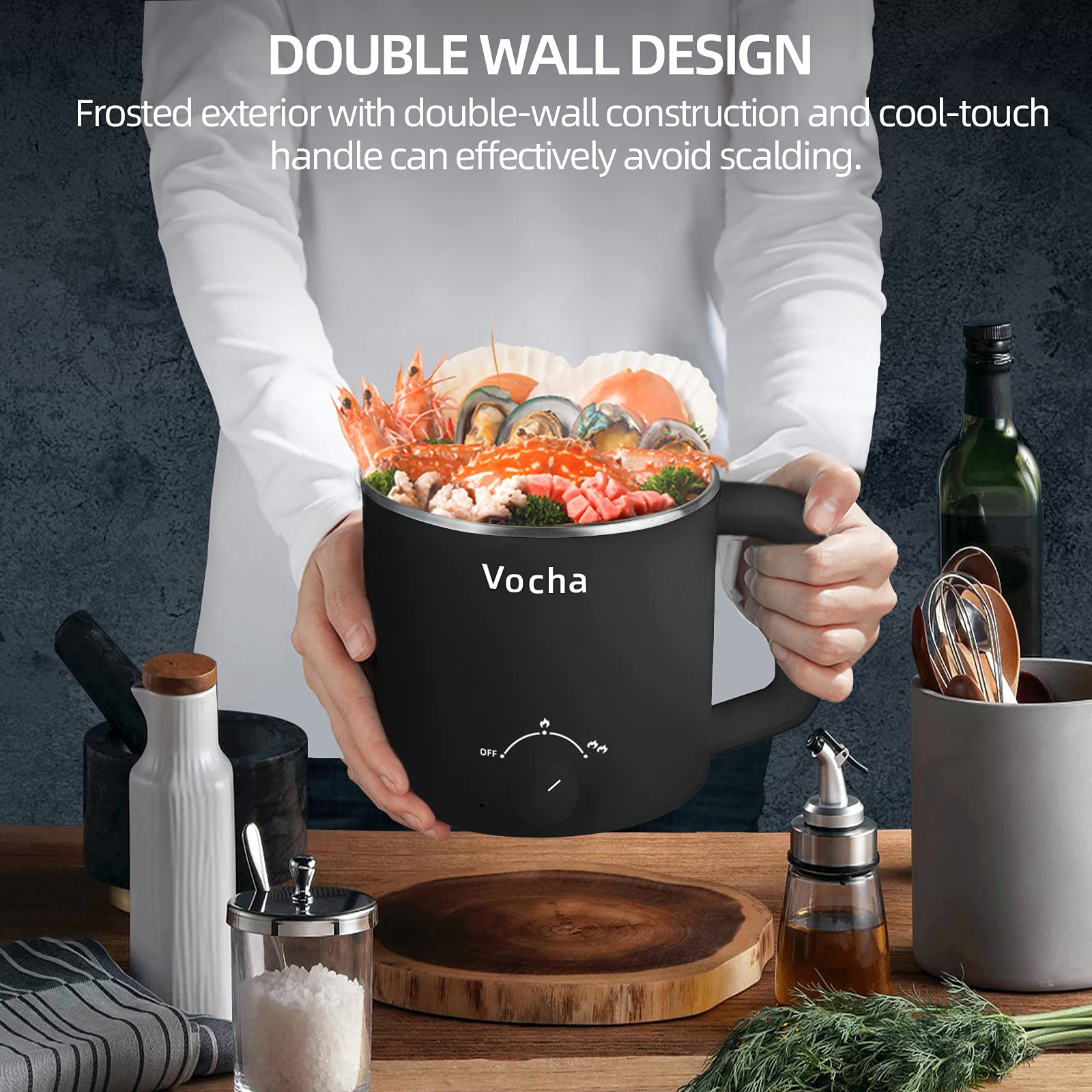 Vocha Electric Pot 1,6L Elektrokochtopf Schwarz Edelstahl